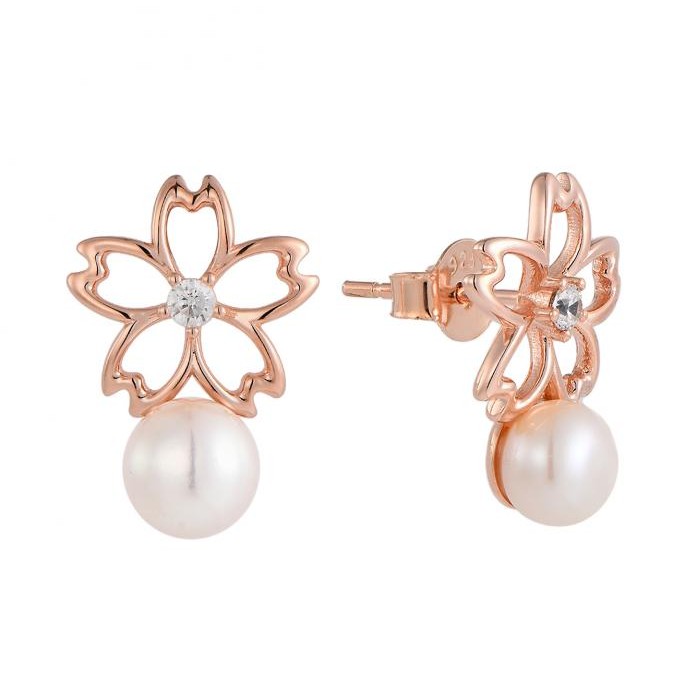 Sakura Blossom & Pearl Diamond Stud Earrings