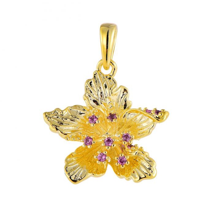 Yellow Gold Orchid Pendant with Pink Sapphires